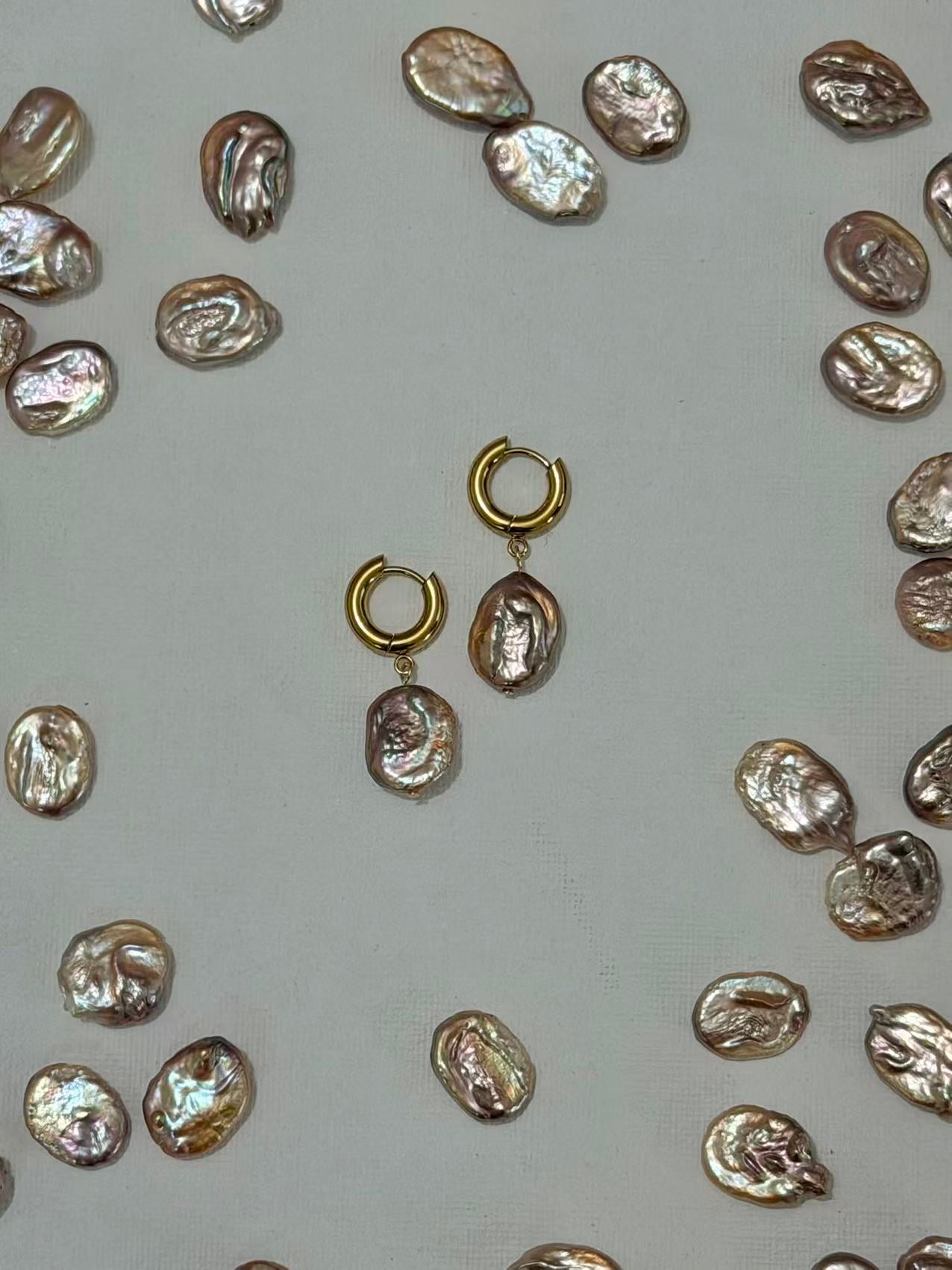 Iridescent Mermaid Pearl Hoop Earrings Baroque Oval Dangles