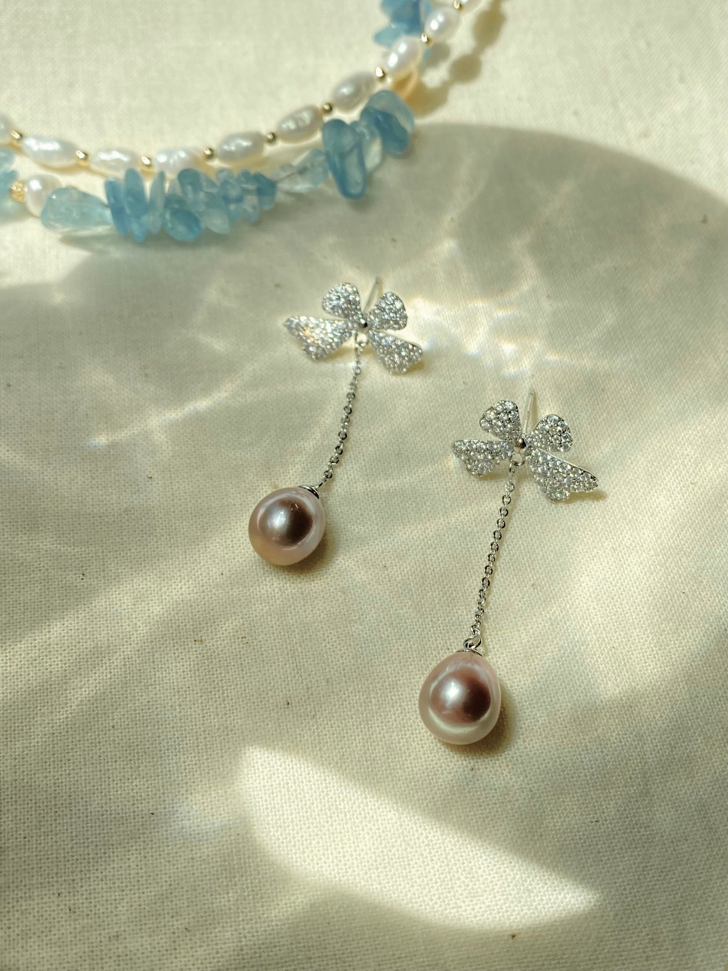 Sparkling Bow Pearl Drop Earrings Purple pink water drop Dangle Earrings | Romantic Wedding Jewelry Bridesmaid Gift Dainty Gift for Her