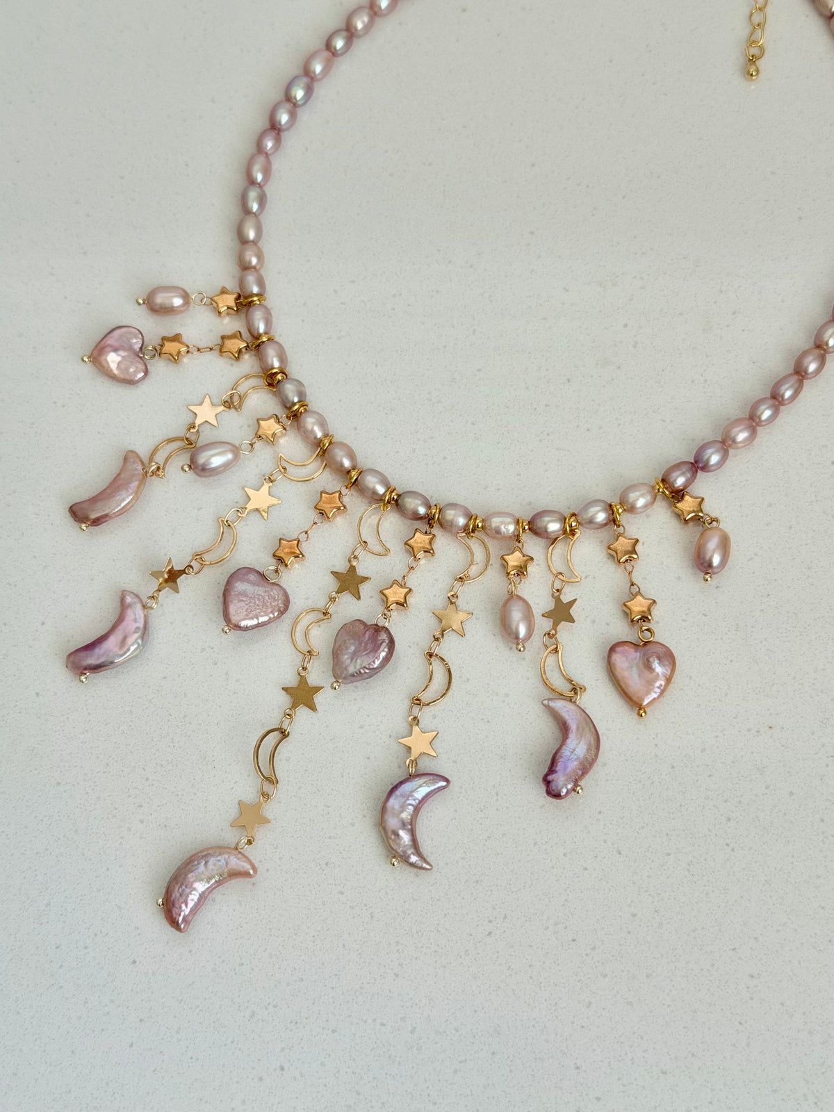 Lavender Baroque Pearl Necklace, Moon Star Heart Charm Tassel Jewelry-LUNARIA