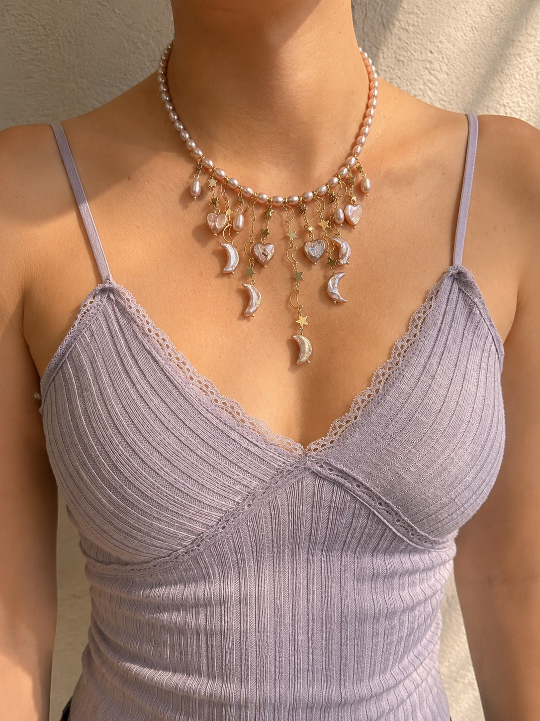 Lavender Baroque Pearl Necklace, Moon Star Heart Charm Tassel Jewelry-LUNARIA