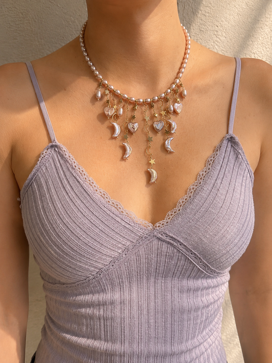 Lavender Baroque Pearl Necklace, Moon Star Heart Charm Tassel Jewelry-LUNARIA