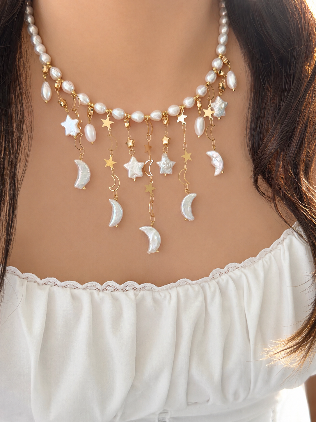 Moon & Star Baroque Pearl Necklace | LUNA Collection, Celestial Freshwater Pearl Fringe Necklace, Handmade Bridal Jewelry