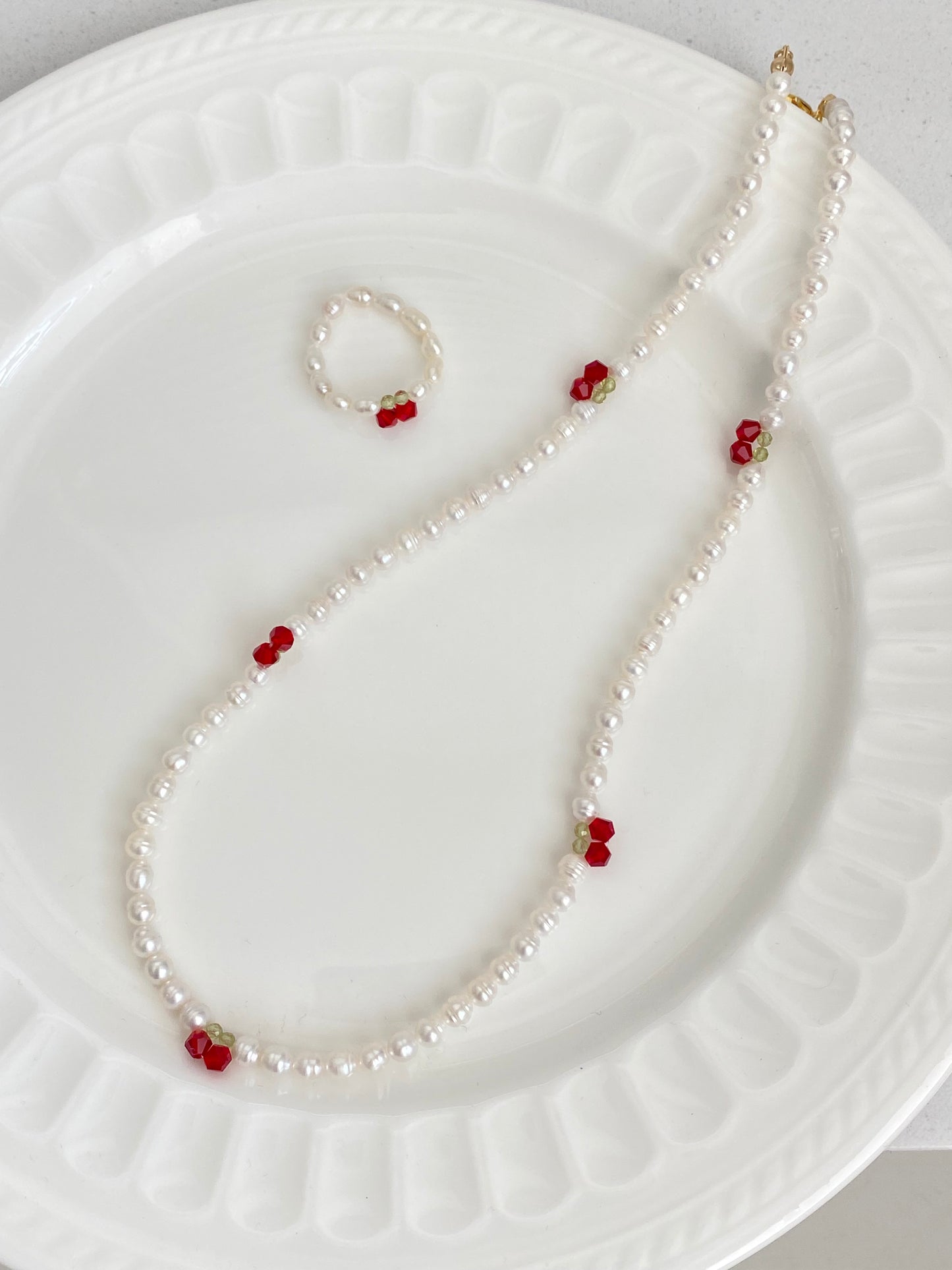 Cherry Pearl Necklace, Freshwater Pearl Choker, Handmade Fruit Jewelry, Dainty Pearl Ring, Summer Pearl Necklace, Cute Jewelry Gift for her