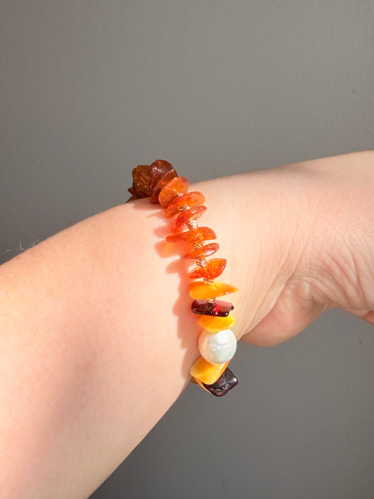 Autumn Fall Color Baltic Amber & Baroque Pearl Stretch Bracelet | Handmade Warm-Tone Jewelry