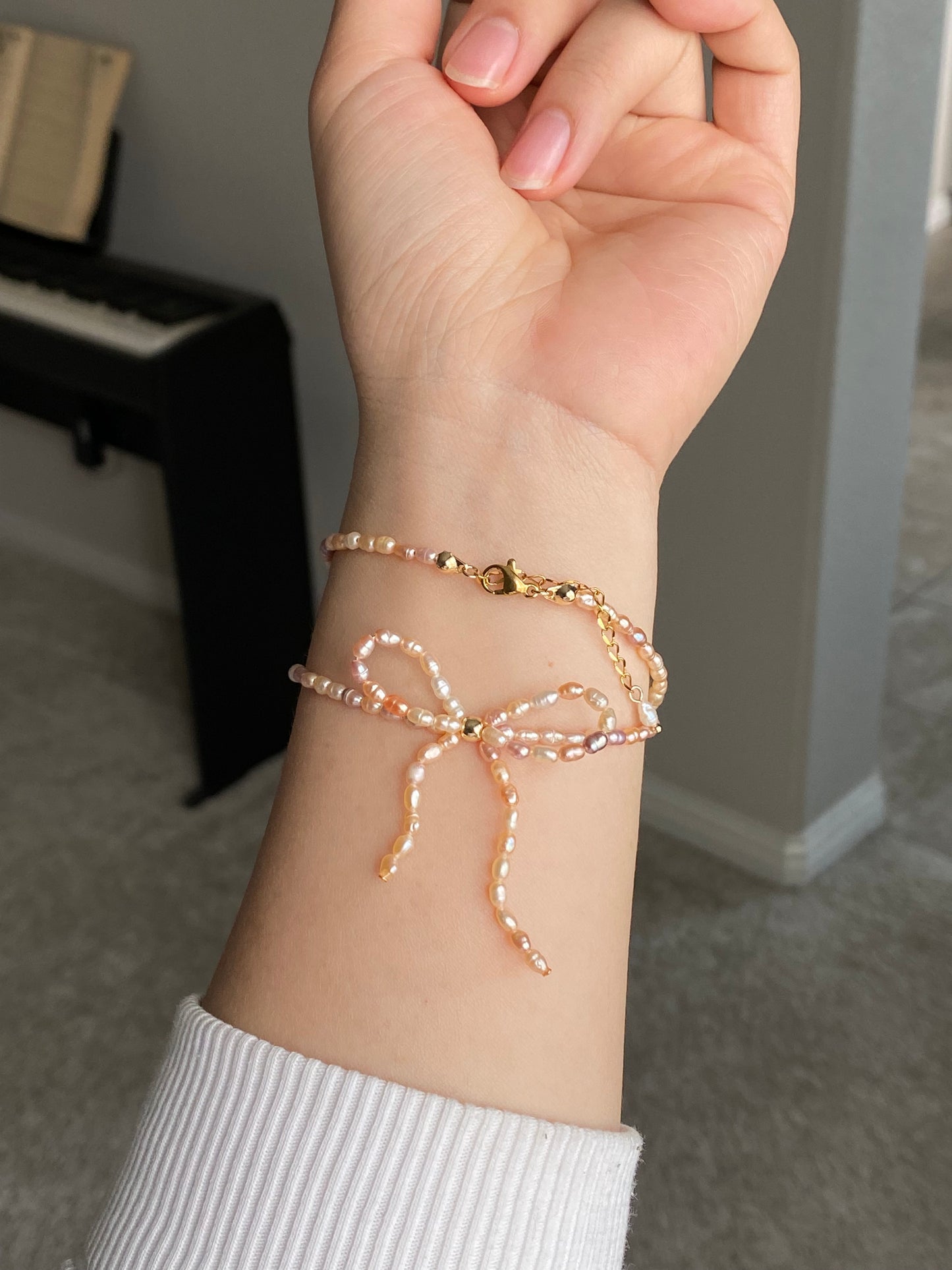 Mixed Color Pearl Ribbon Necklace & Earring Set | Elegant Bow Jewelry | 18K Gold Plated