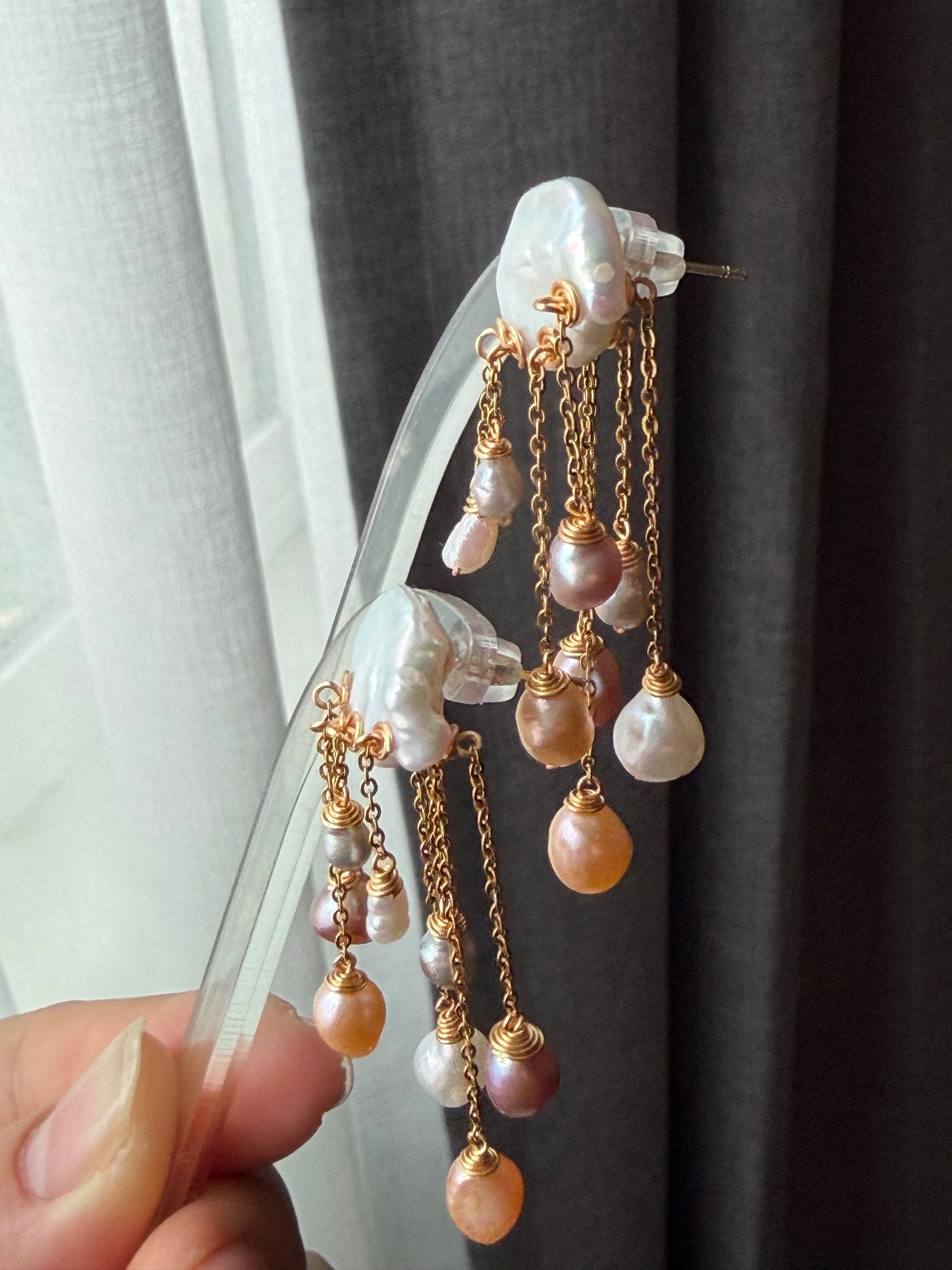 Rainstorm Hand-Drilled Pearl Cloud Earrings | Hand-woven Raindrop Jewelry