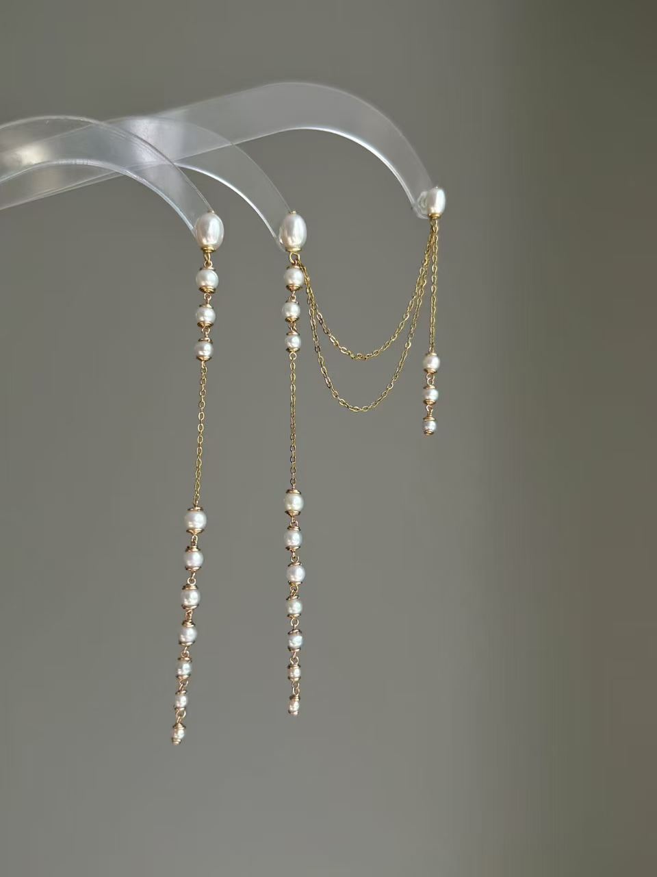 Extra Long Pearl Drop Earrings Asymmetric Gold Chain Dangles Earring