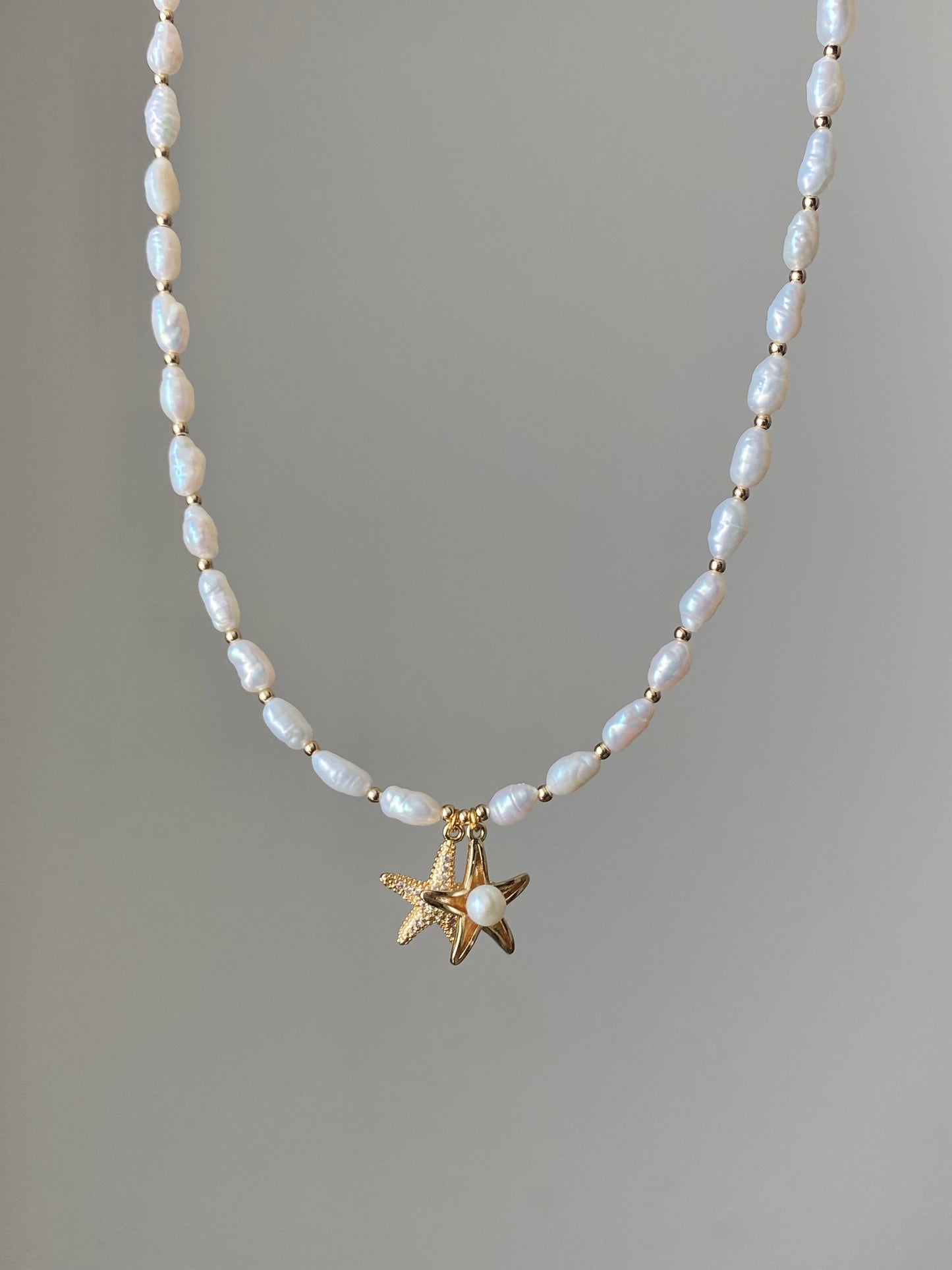 Minimalist Baroque Keshi  Pearl Gold Bead Starfish Necklace High Luster  Dainty Pearl Layering  beach Necklace Bridesmaid Gift for her