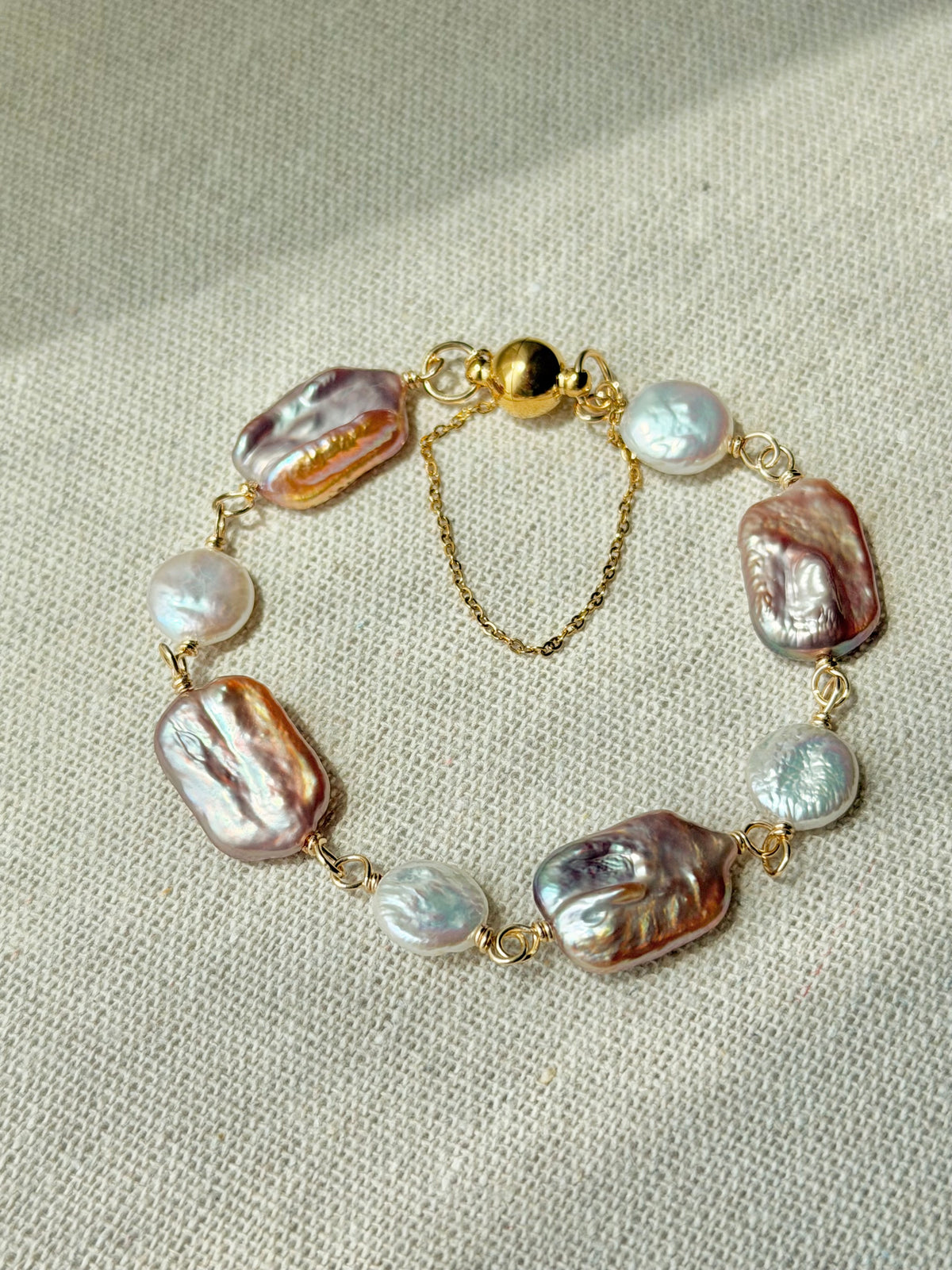 Mauve Rectangular & Coin Freshwater Pearls, Magnetic Clasp Bracelet