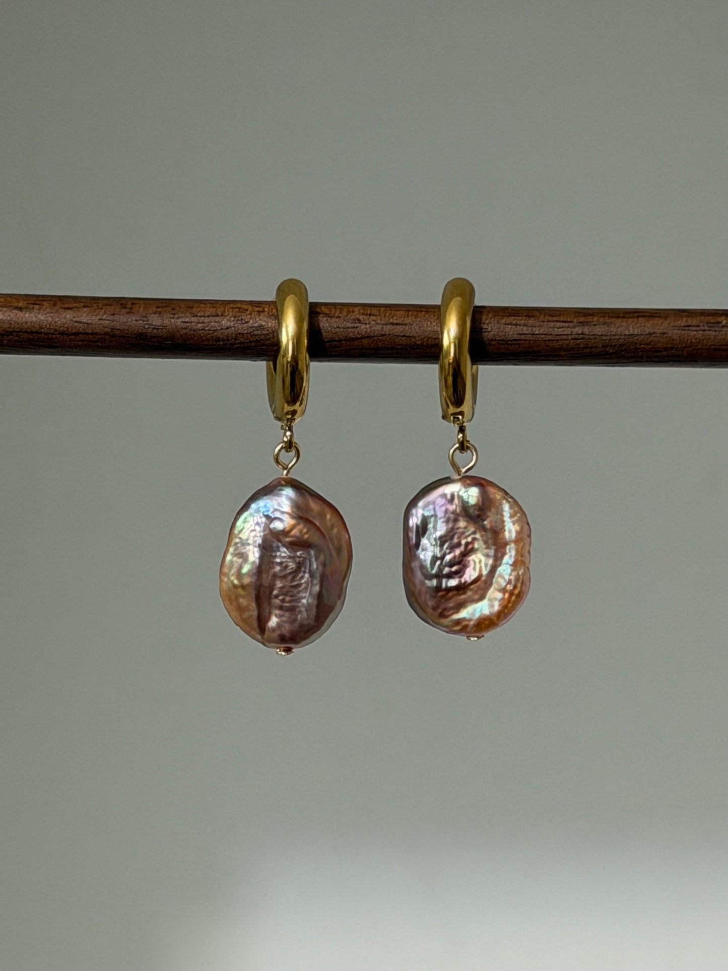 Iridescent Mermaid Pearl Hoop Earrings Baroque Oval Dangles