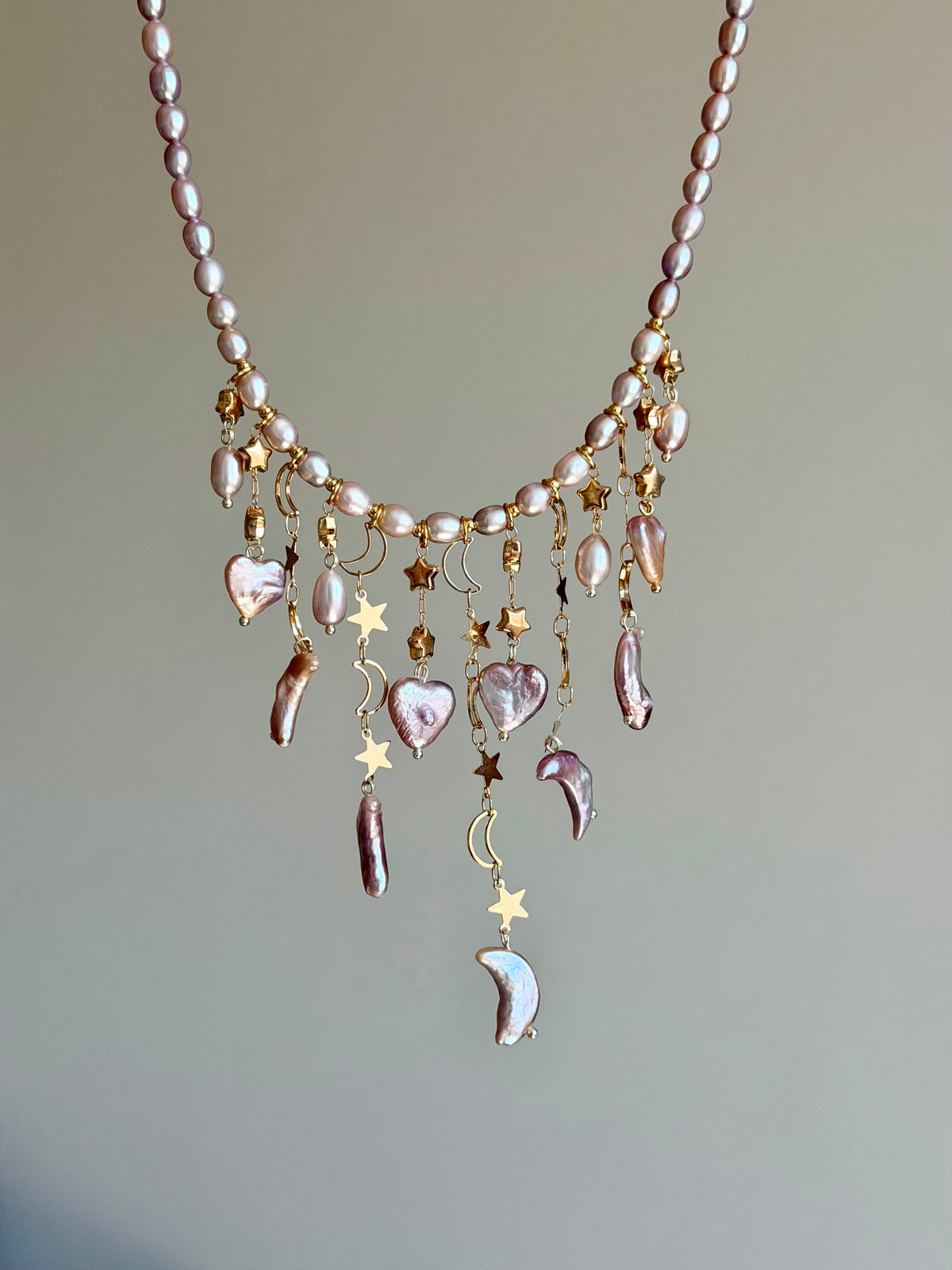 Lavender Baroque Pearl Necklace, Moon Star Heart Charm Tassel Jewelry-LUNARIA