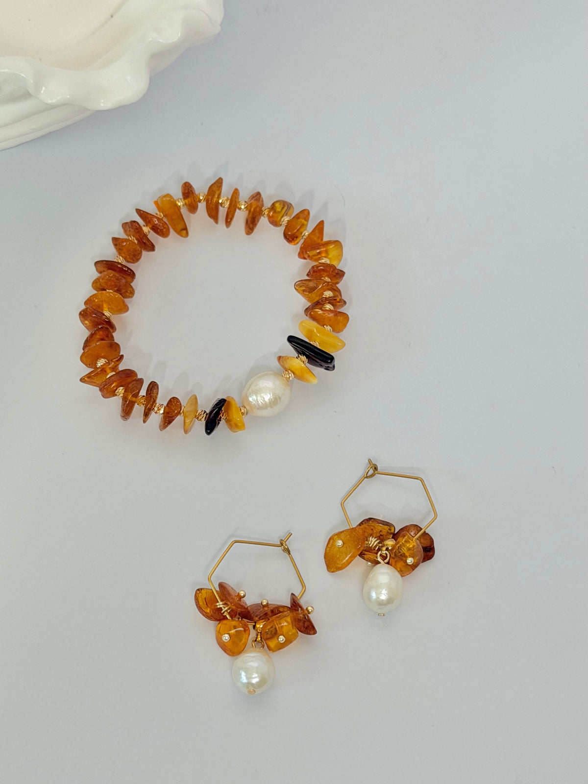 Baltic Amber & Large Baroque Pearl Wreath Hoop Earrings | Autumn Caramel Collection
