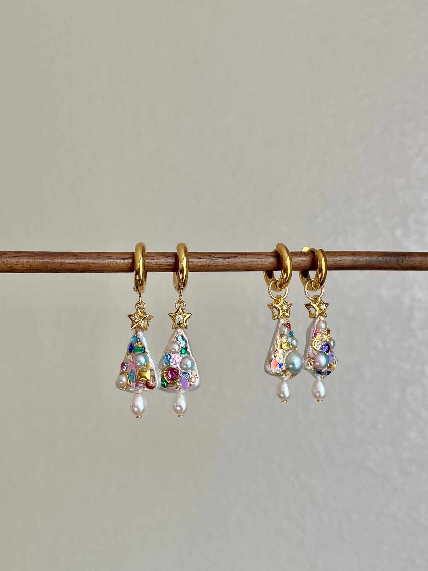 Handmade Christmas Tree Dangle Earrings | Unique Baroque Pearl Drops | Tarnish-Free Hoops
