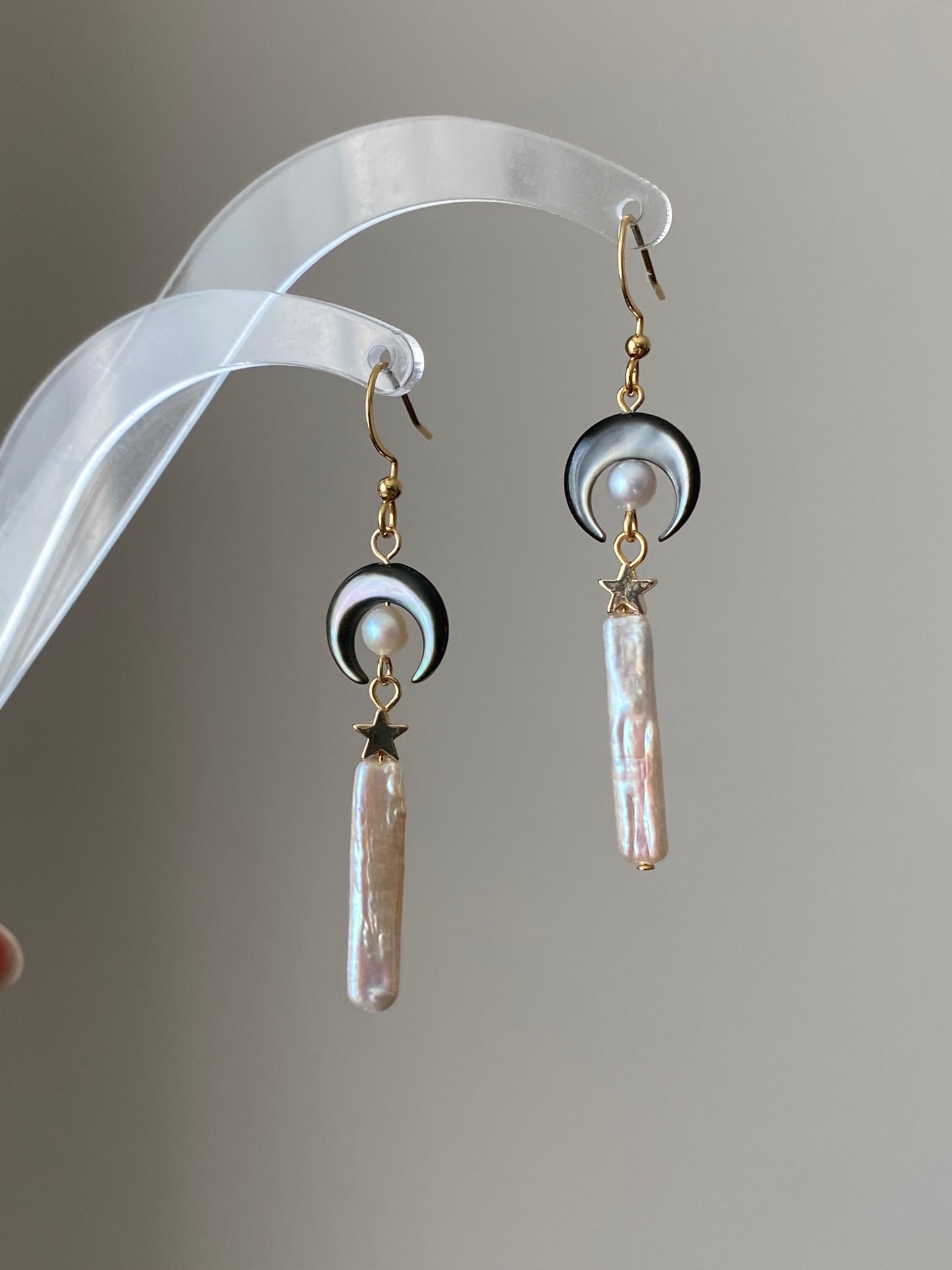 Moon Mother-of-Pearl and Baroque Stick Pearl Earrings – Celestial Mythology Dangle Earrings – Handmade Star and Crescent Moon Jewelry