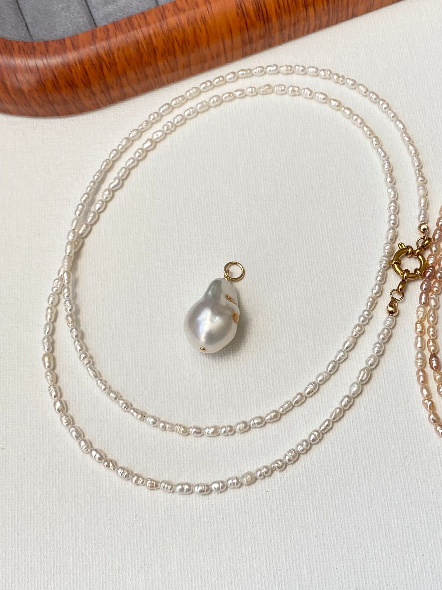 28 inches Long Pearl Sweater Bead Simple Necklace | quadruple Wrap Bracelet | Custom Length Removable Baroque Pendant  elegant Necklace