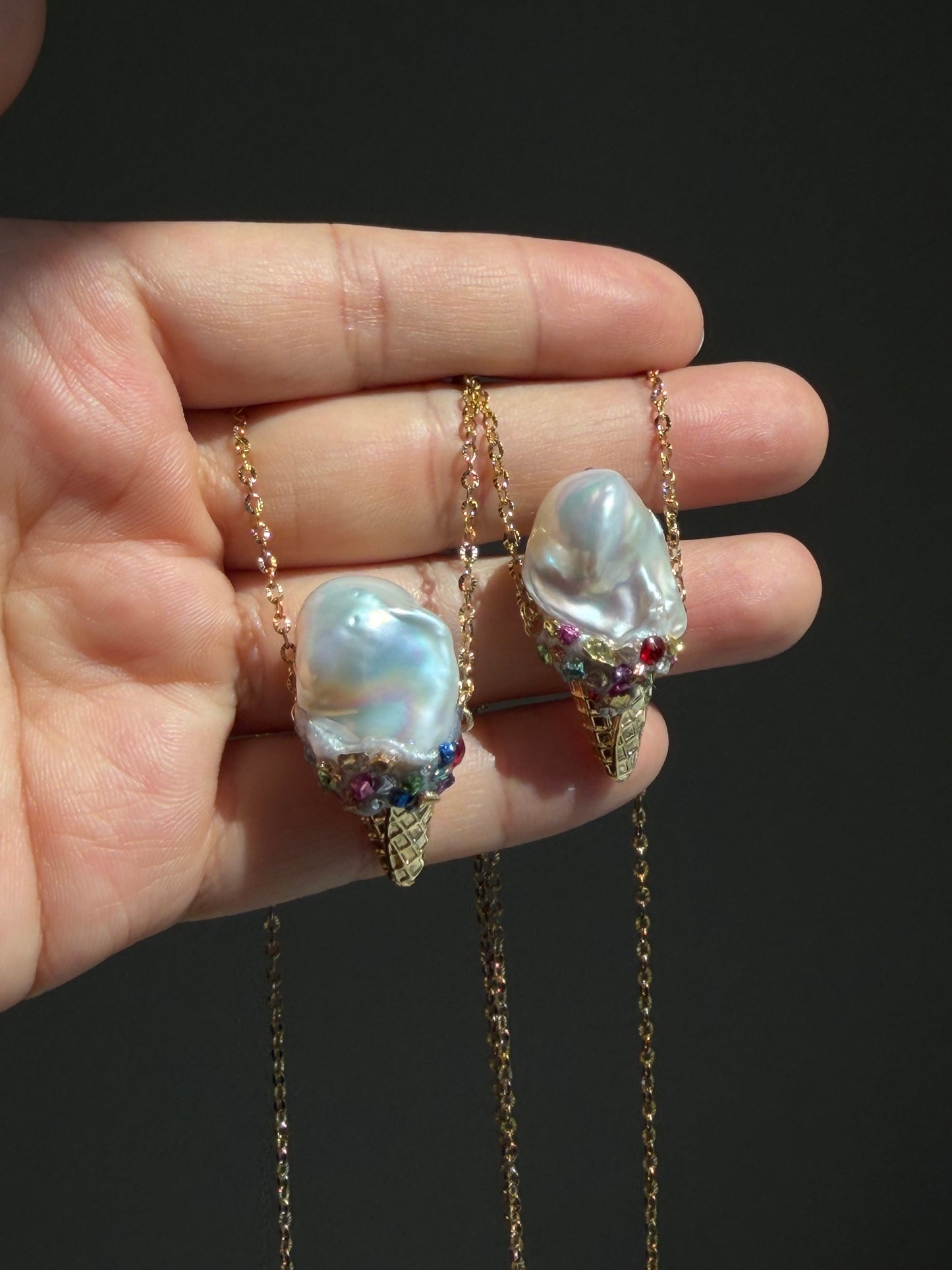 Baroque Pearl Ice Cream Cone Pendant Necklace Whimsical Jewelry