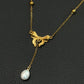 Gold Bow Tie Pearl Drop Y Necklace Vintage Romantic Jewelry