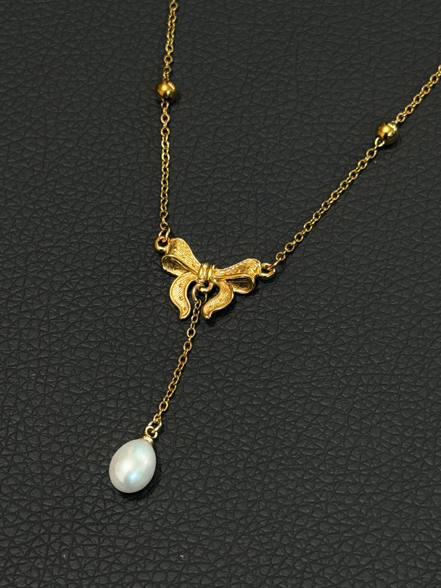 Gold Bow Tie Pearl Drop Y Necklace Vintage Romantic Jewelry