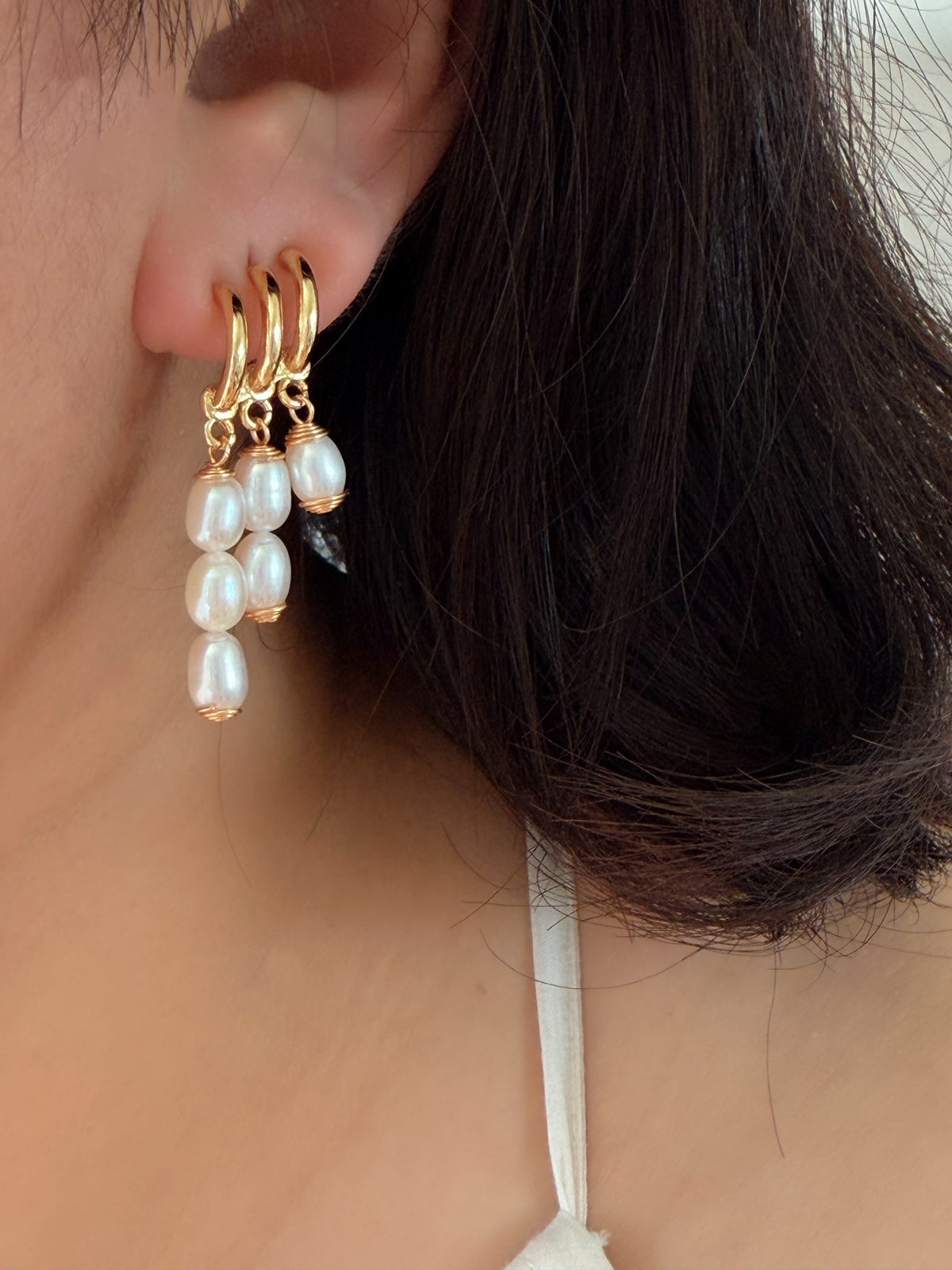 TRINITY DROP | Faux Triple Piercing Pearl Earrings