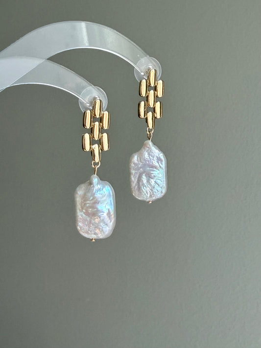 Square Baroque Pearl Woven Link Earrings – Modern Chic Drop Earrings