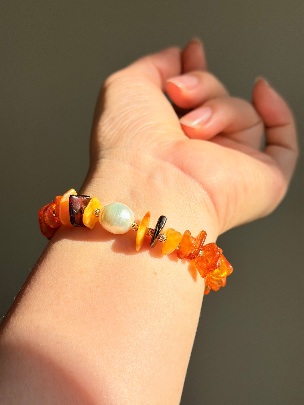 Autumn Fall Color Baltic Amber & Baroque Pearl Stretch Bracelet | Handmade Warm-Tone Jewelry