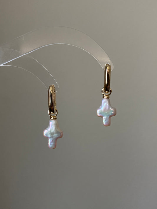 Freshwater baroque pearl cross hoop earring stud earring