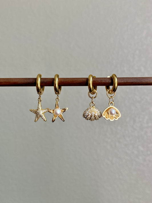 starfish shell Akoya earrings, mismatched earrings, zircon earrings, asymmetrical earrings,  pearl pendant, elegant Dainty gift for her