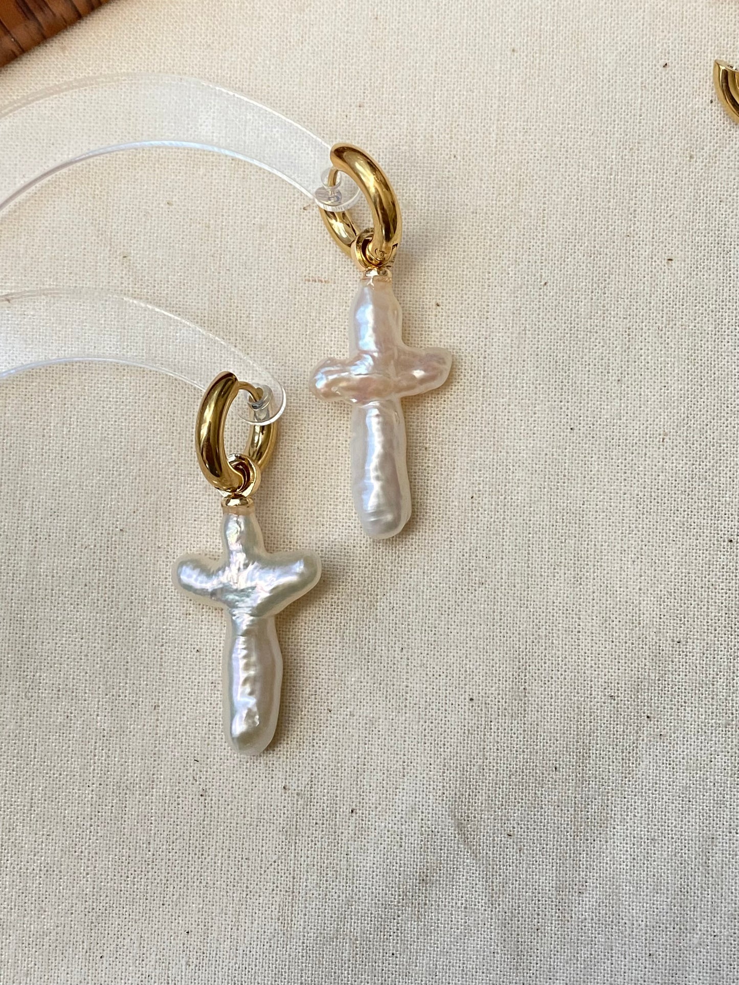 Unique Cross-Shaped Natural Baroque Pearl Earrings – Hand-woven Dangle Hoops