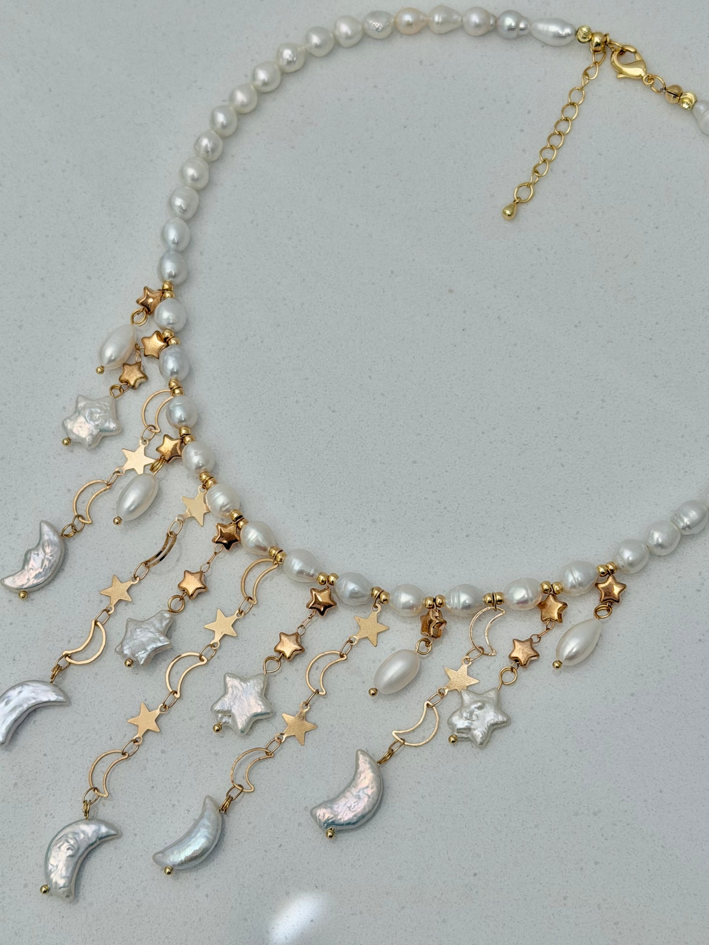 Moon & Star Baroque Pearl Necklace | LUNA Collection, Celestial Freshwater Pearl Fringe Necklace, Handmade Bridal Jewelry