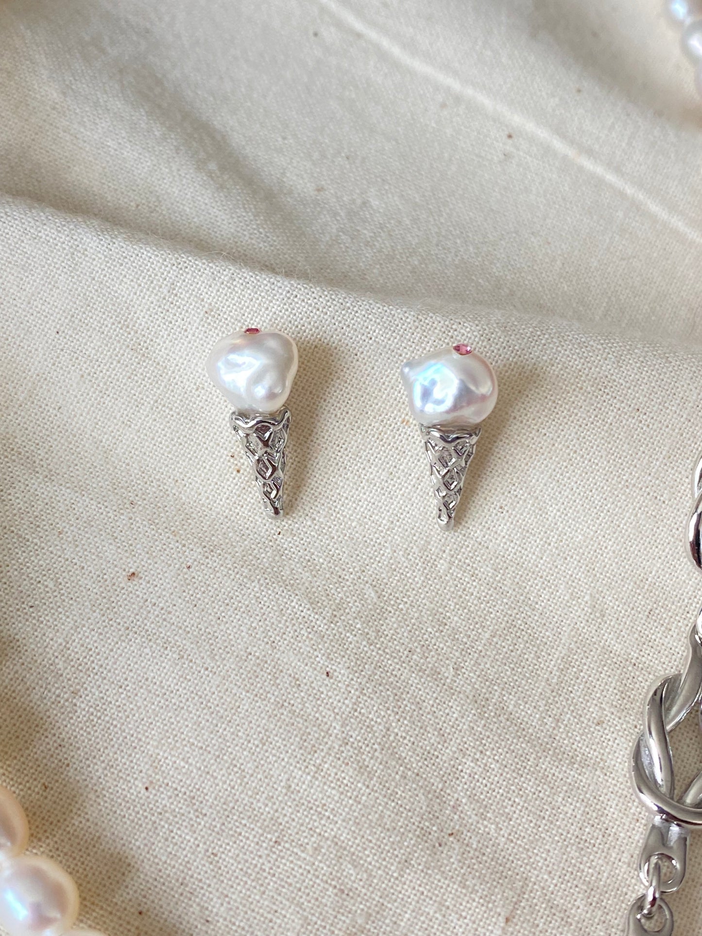 Petal Baroque Pearl Ice Cream Cone stud Earrings, Handmade Fun Statement Jewelry Summer Gift, Cute & Whimsical Jewelry Gift for her