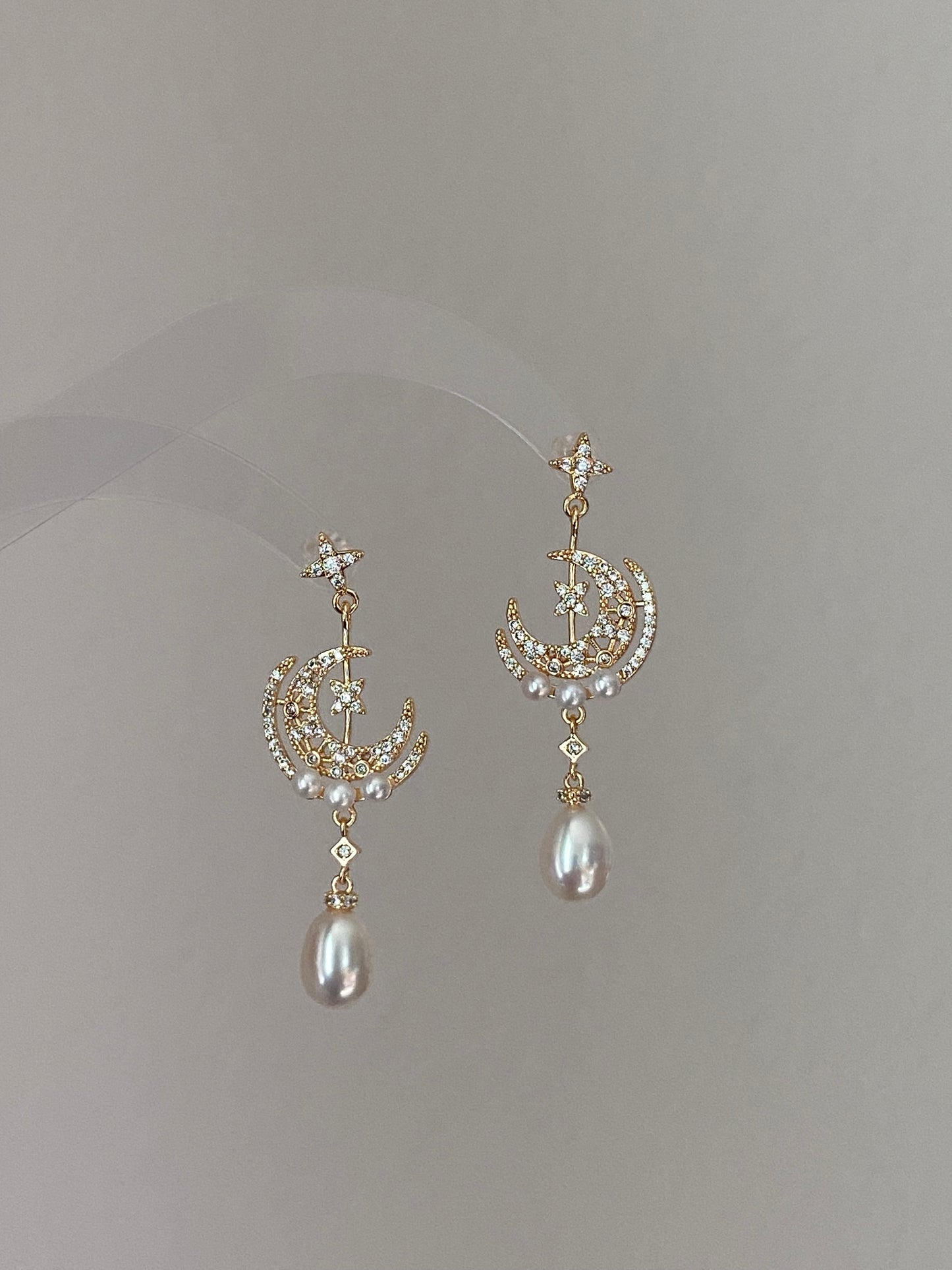 Star & Moon Pearl Dangle Earrings | High Luster Bridal Jewelry | 18K Gold Plated - Jinger Crafting