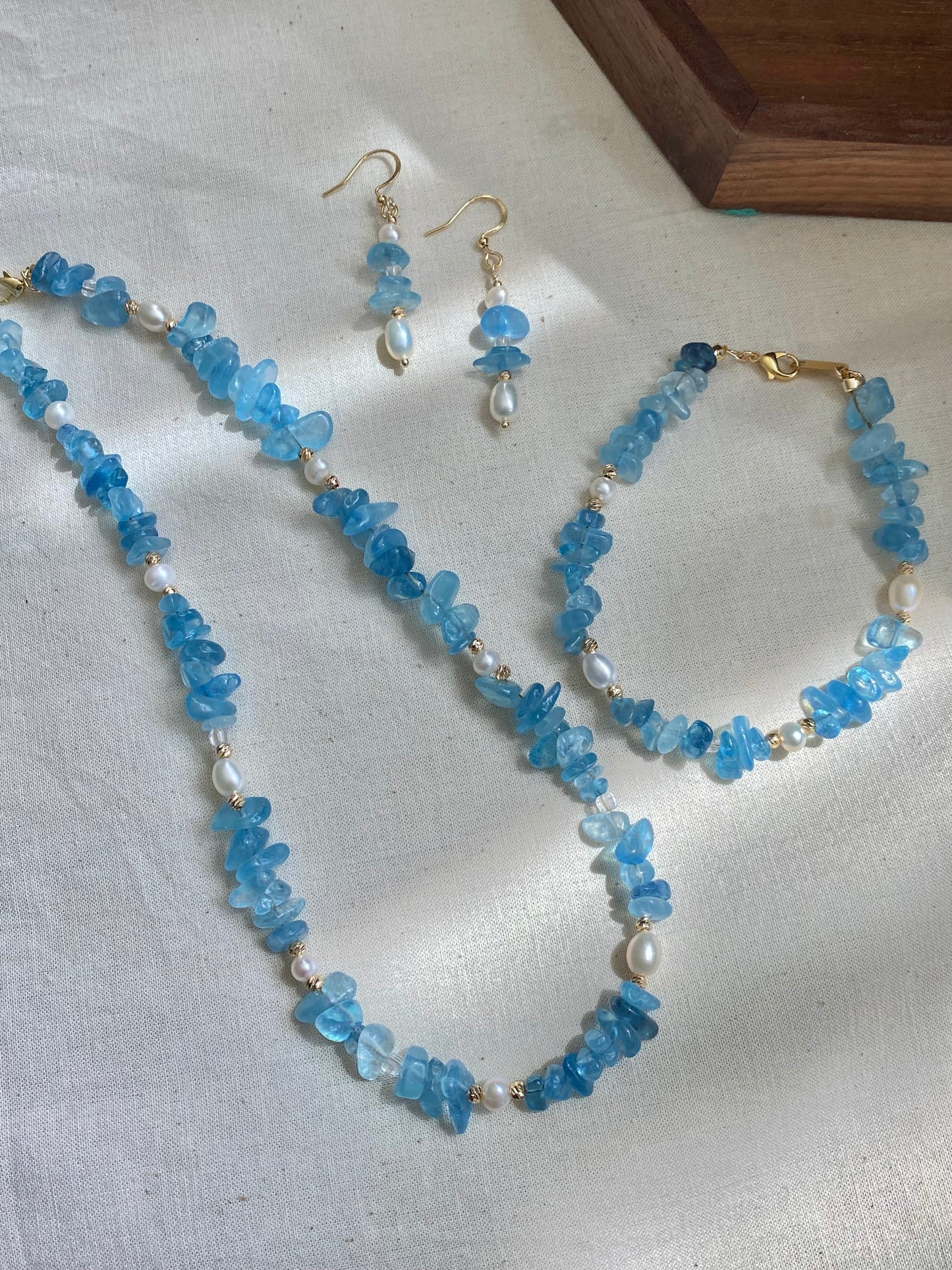 Aquamarine and Pearl Jewelry Necklace Bracelet Earrings 3 Piece Set  Convertible Long Necklace March Birthstone Gift for Her Bridesmaid Gift