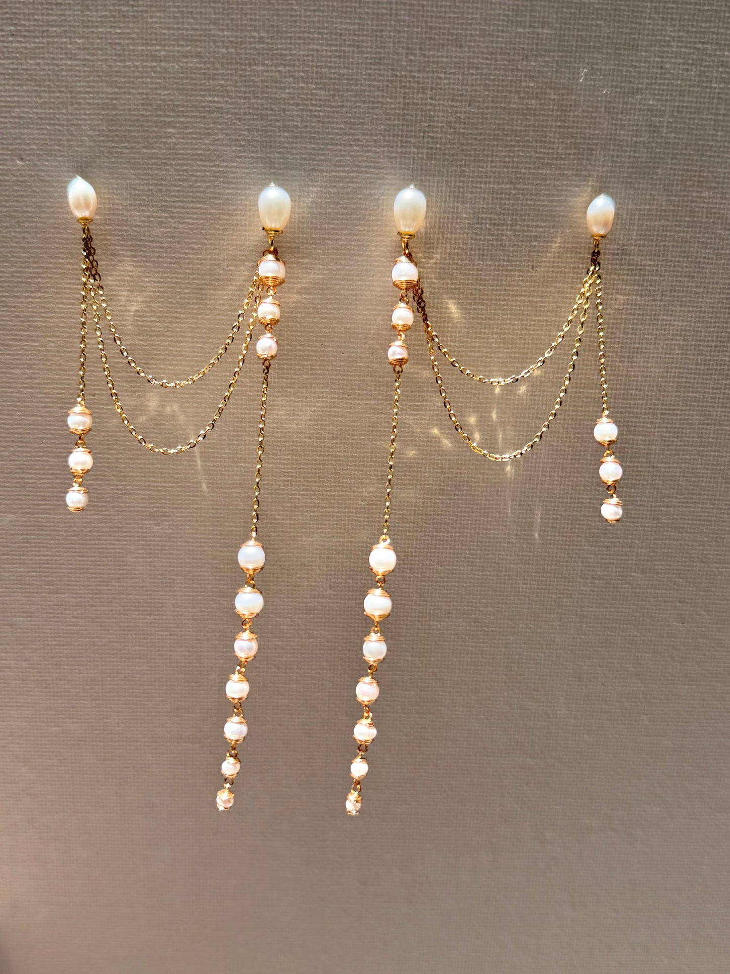 Extra Long Pearl Drop Earrings Asymmetric Gold Chain Dangles Earring