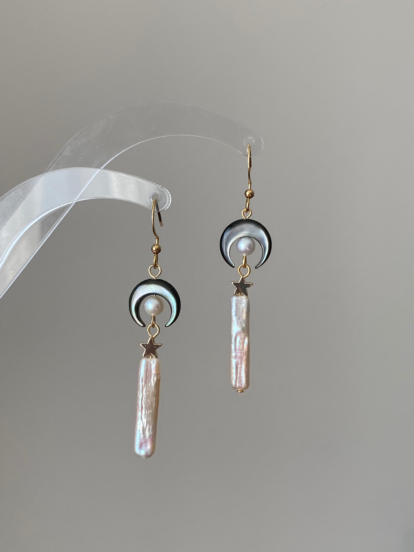 Moon Mother-of-Pearl and Baroque Stick Pearl Earrings – Celestial Mythology Dangle Earrings – Handmade Star and Crescent Moon Jewelry