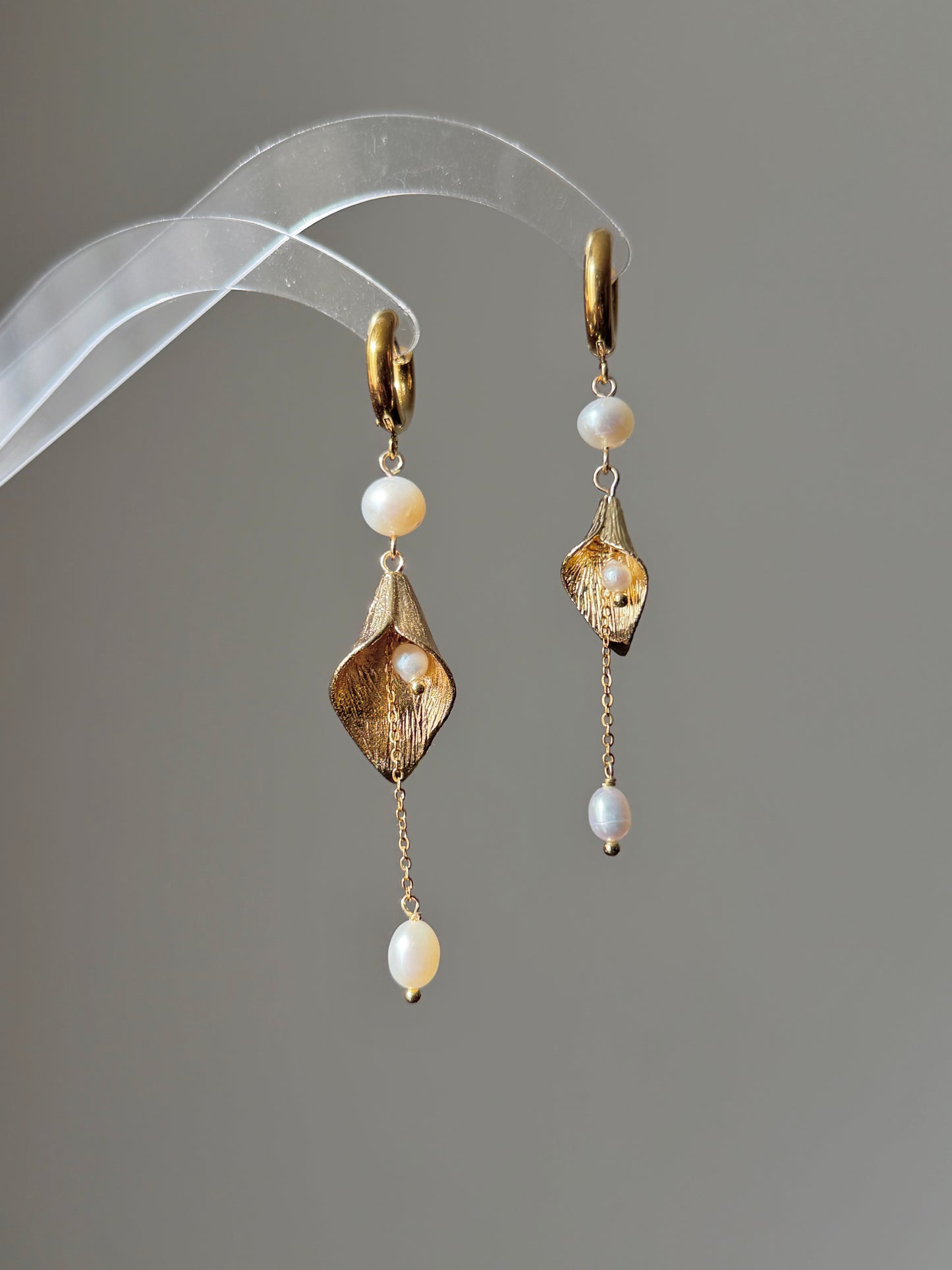 Gold Floral Calla Lily Pearl Tassel Dangle  Earrings  Wedding Bridal Jewelry  Elegant Statement Gift