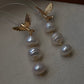 Baroque Triple Pearl Drop Earrings with Gold Hummingbird Studs – Elegant Nature-Inspired Statement Weddings Earrings