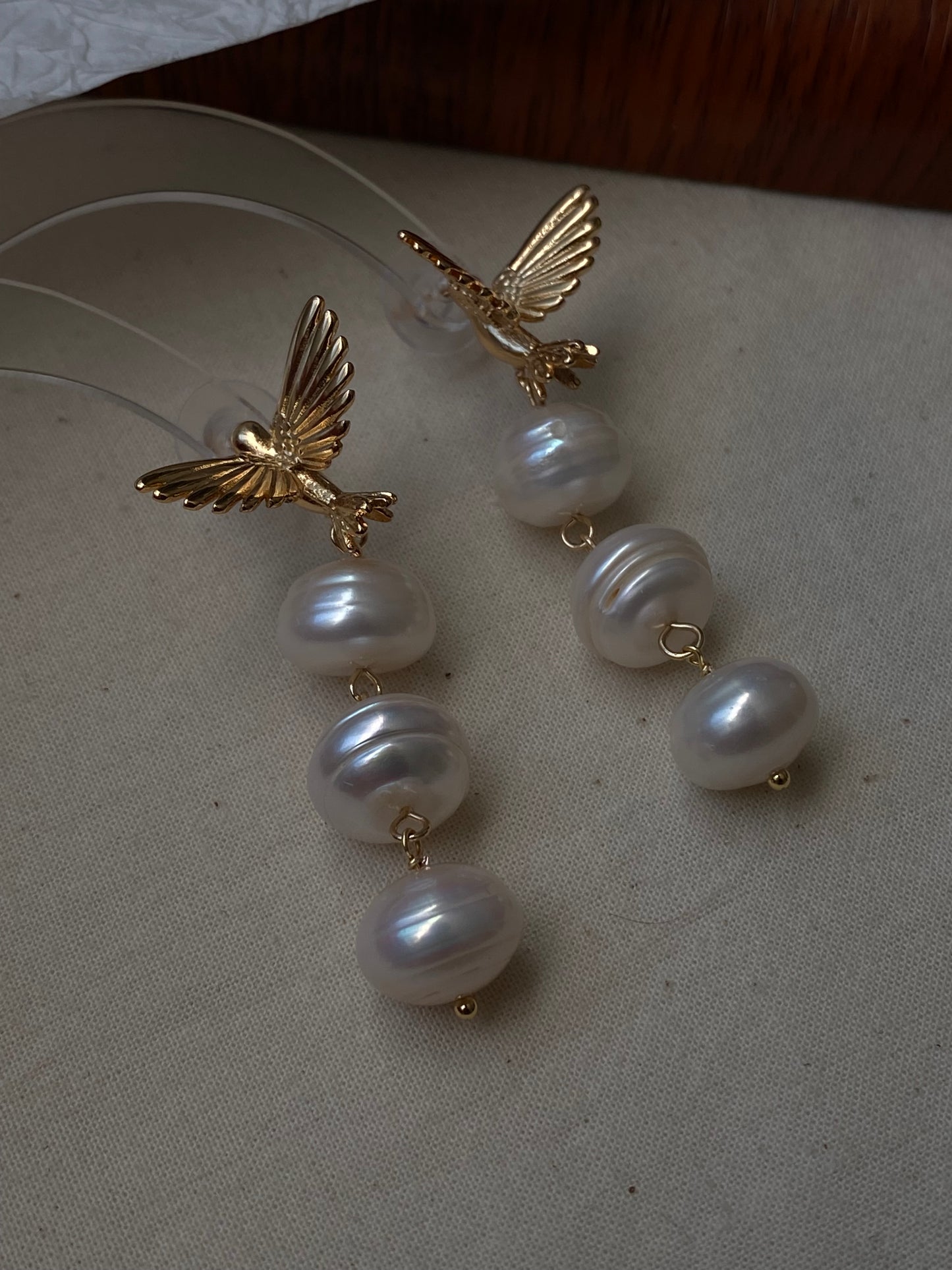 Baroque Triple Pearl Drop Earrings with Gold Hummingbird Studs – Elegant Nature-Inspired Statement Weddings Earrings