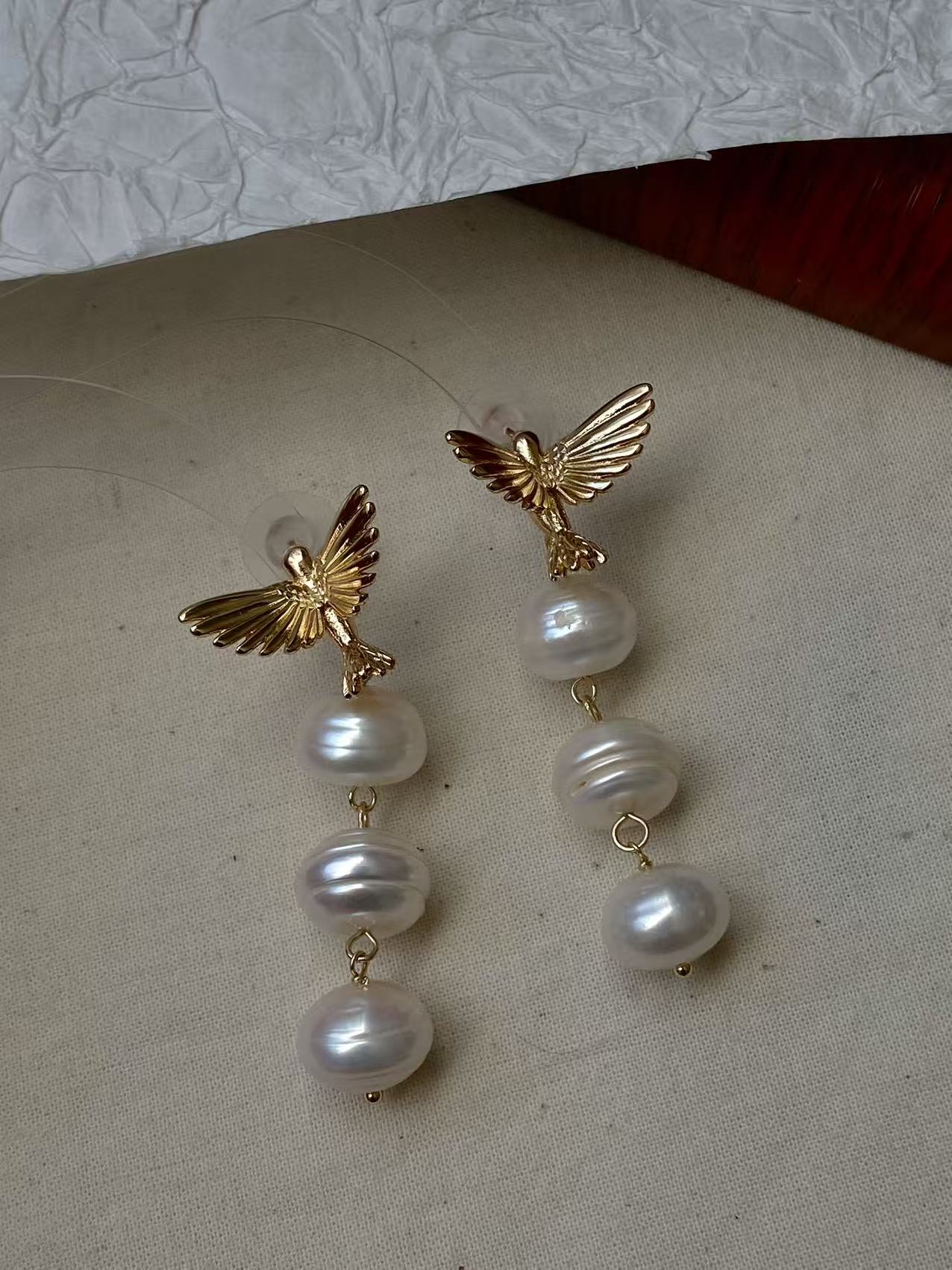 Triple Baroque Pearl Drop Earrings Gold Hummingbird Jewelry
