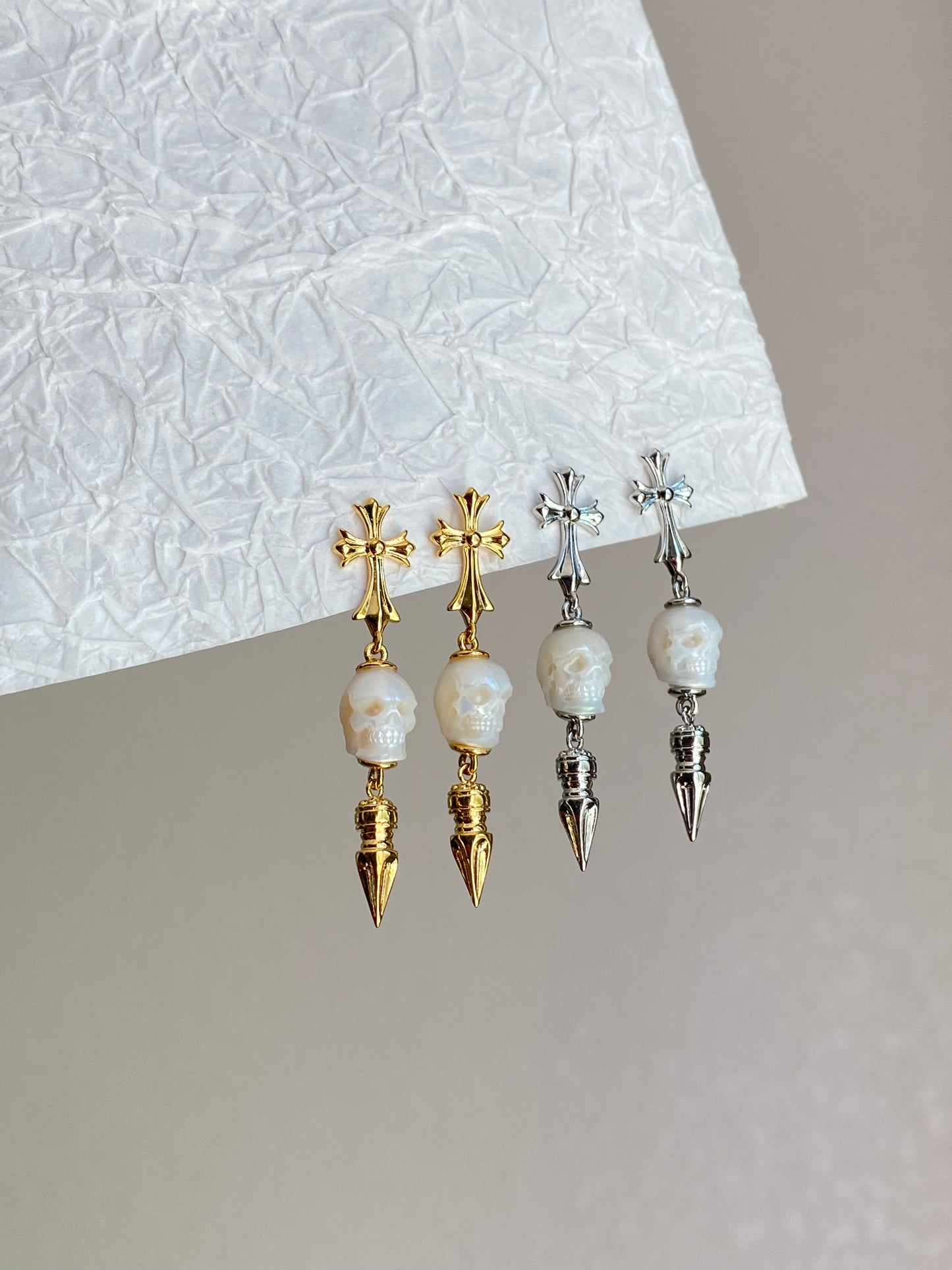 Hand-Carved Skull Pearl Cross Drop Earrings Gothic Pearl Spike Earrings  Everyday Edge Halloween Bold Dard Limited edition gift for him