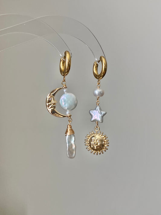 Sun Moon Baroque Pearl Asymmetrical Earrings Freshwater Pearl Earrings Celestial Jewelry Handmade Fairycore Bridesmaid Gift for Her