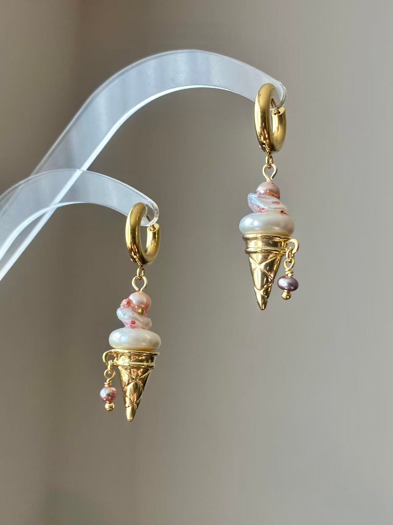 Ice Cream Pearl Drop Earrings Whimsical Gold Huggie Jewelry