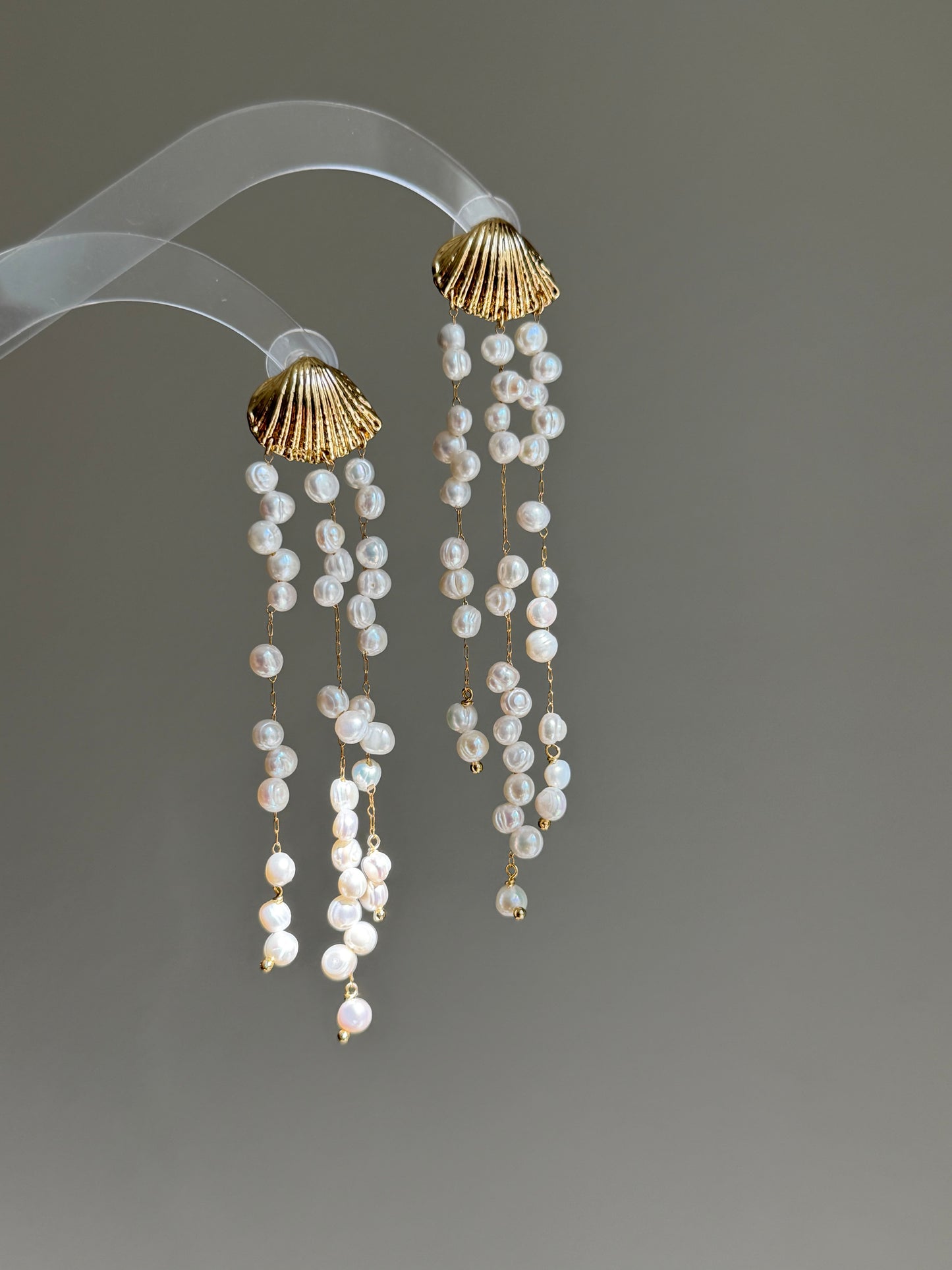 Ocean Breeze 14K Gold filled Shell baroque Keshi pearl tassel long Earring
