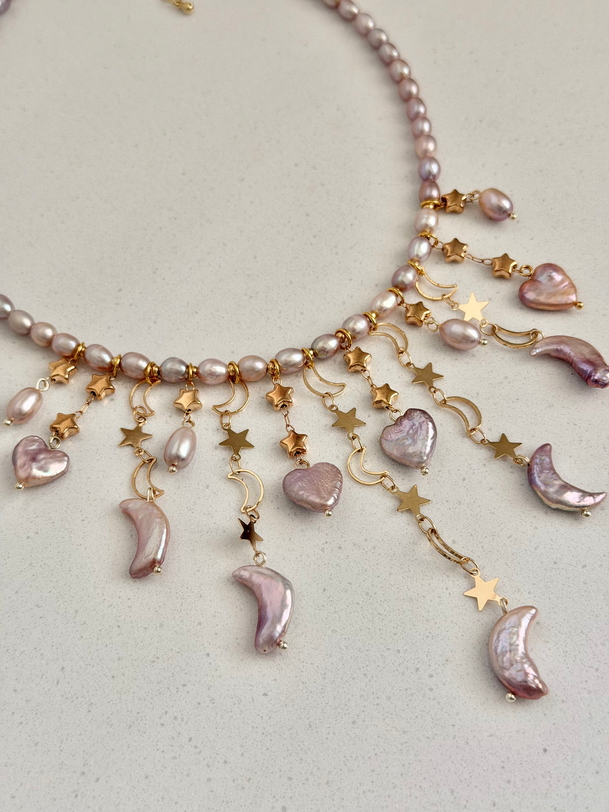 Lavender Baroque Pearl Necklace, Moon Star Heart Charm Tassel Jewelry-LUNARIA