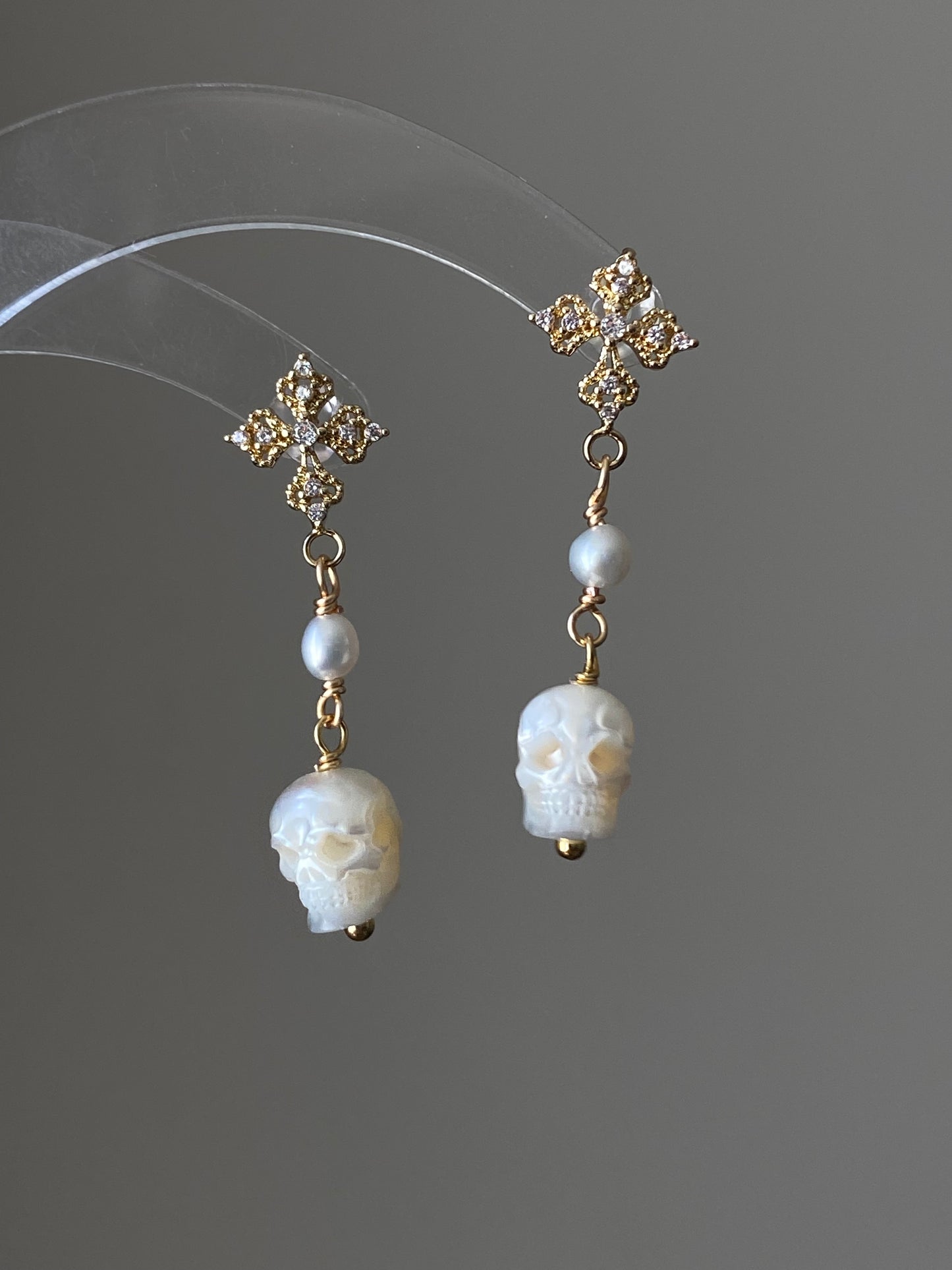 Gothic Hand carving Skull Pearl Earrings Cross Dangle Earrings Baroque Pearl stud earring Halloween earring Statement Earrings gift for her