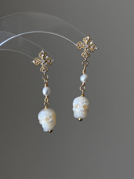 Gothic Hand carving Skull Pearl Earrings Cross Dangle Earrings Baroque Pearl stud earring Halloween earring Statement Earrings gift for her