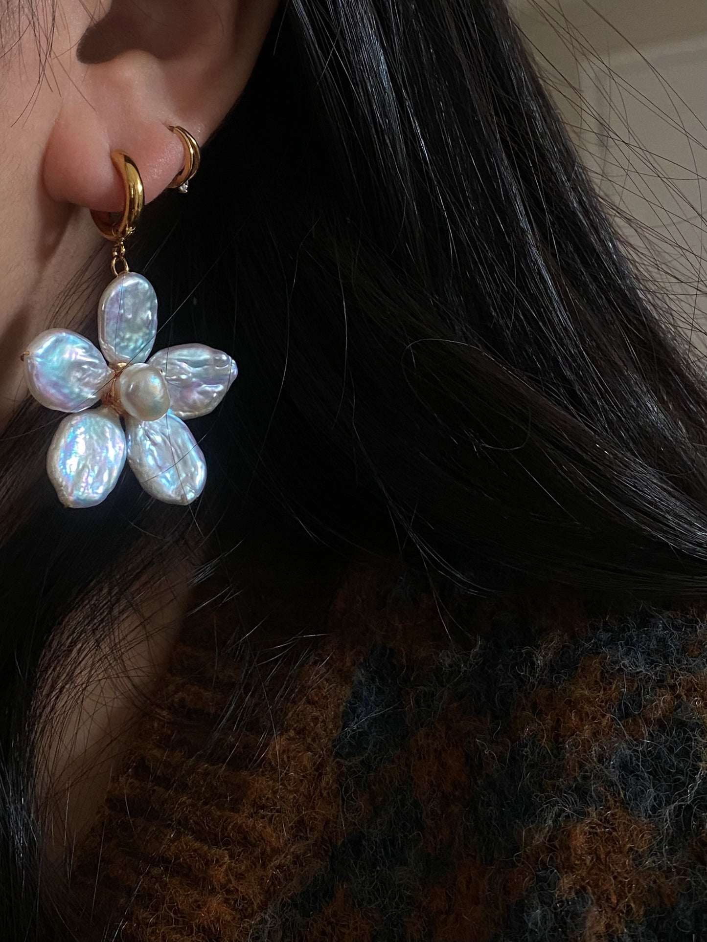 Cherry Blossom Baroque Pearl Earrings Jumbo Chunky Floral Dangle Earrings Handmade Statement Flower Pearl Earrings Spring Jewelry Gift