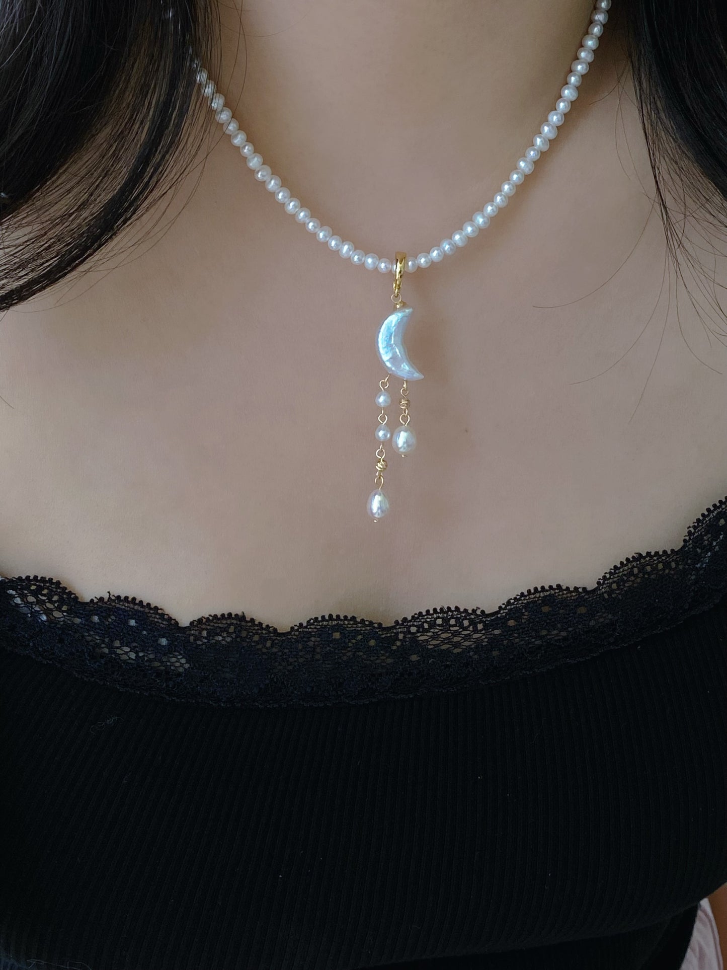 Celestial Cloud  Moon Light Baroque Pearl Necklace Pendant Dangling Earrings