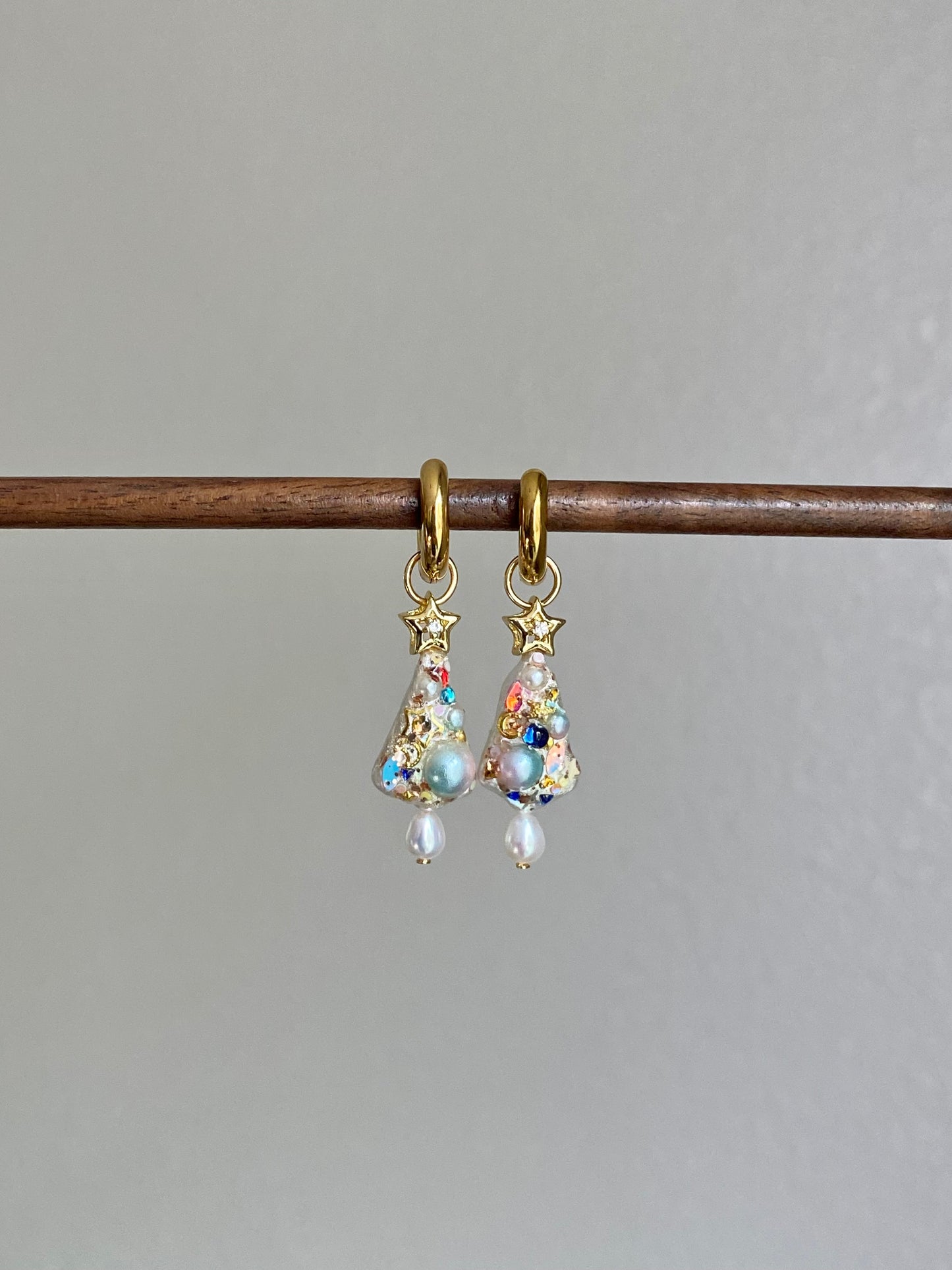 Handmade Christmas Tree Dangle Earrings | Unique Baroque Pearl Drops | Tarnish-Free Hoops