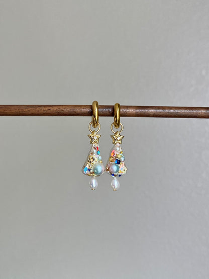Handmade Christmas Tree Dangle Earrings | Unique Baroque Pearl Drops | Tarnish-Free Hoops