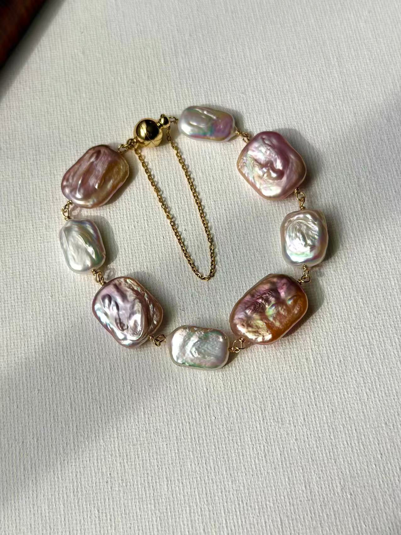 Baroque Pearl Bracelet Gold Magnetic Clasp Safety Chain Jewelry